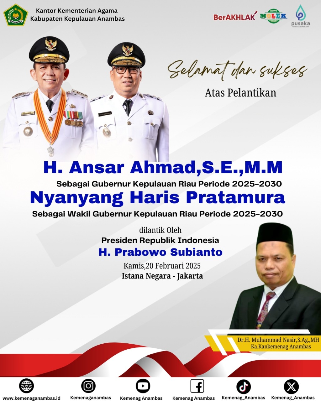 Selamat & Sukses atas pelantikan H.Ansar Ahamad S.E.M.,M dan Nyanyang Haris Pratamura Sebagai Gubernur dan Wakil Gubernur Kepulauan Riau 2025-20230