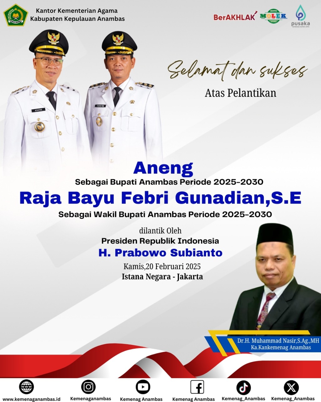 Kepala Kantor Kementerian Agama Kabupaten Kepulaun Anambas dan Jajaran Mengucapkan Selamat dan Sukses atas dilantiknya Aneng dan Raja Bayu Febri Gunadian,S.E Bupati dan Wakil Bupati Kepulauan Anambas 
