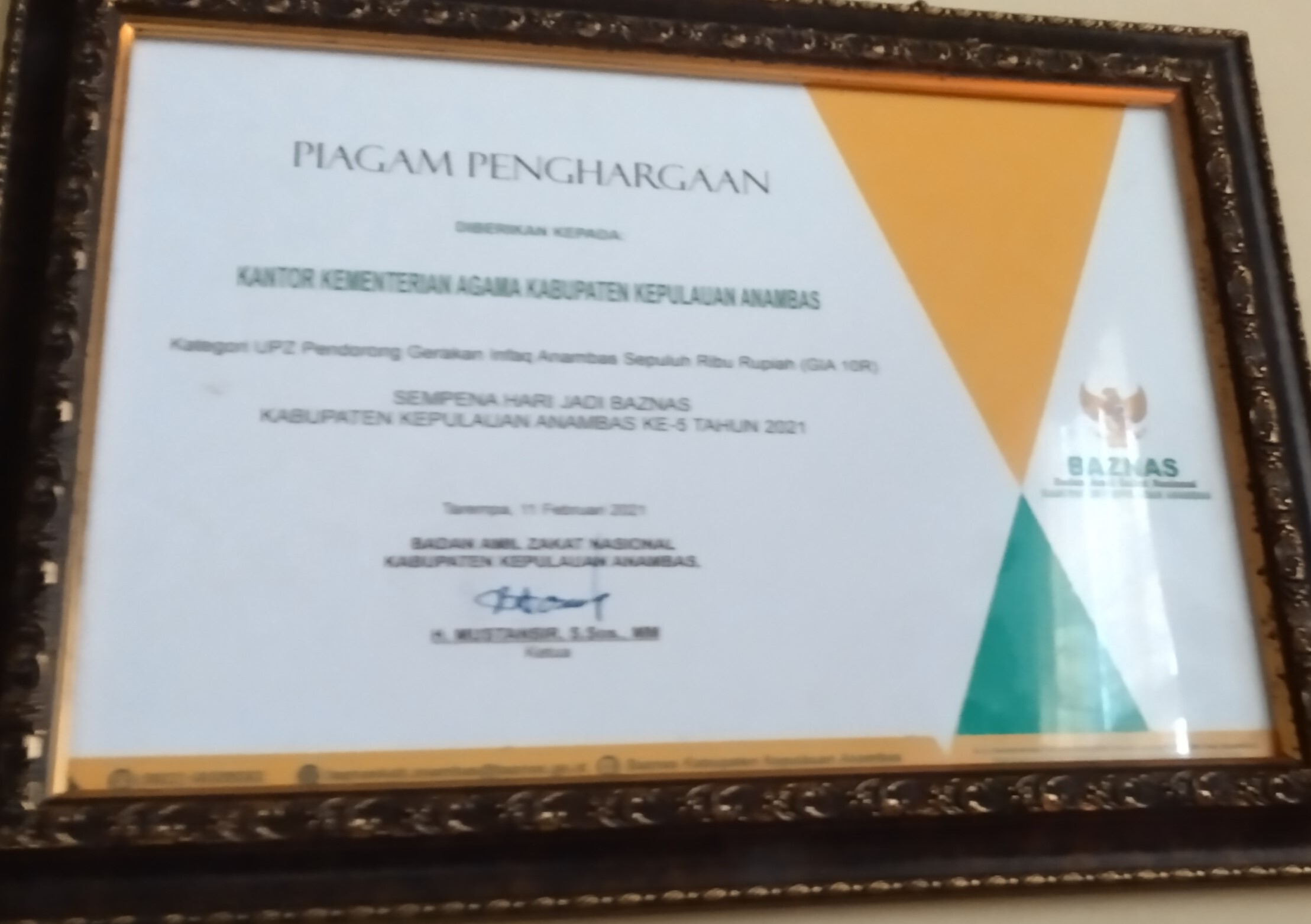 Penghargaan UPZ Pendorong gerakan Infak sepuluh Ribu (GIA 10R) 2021)