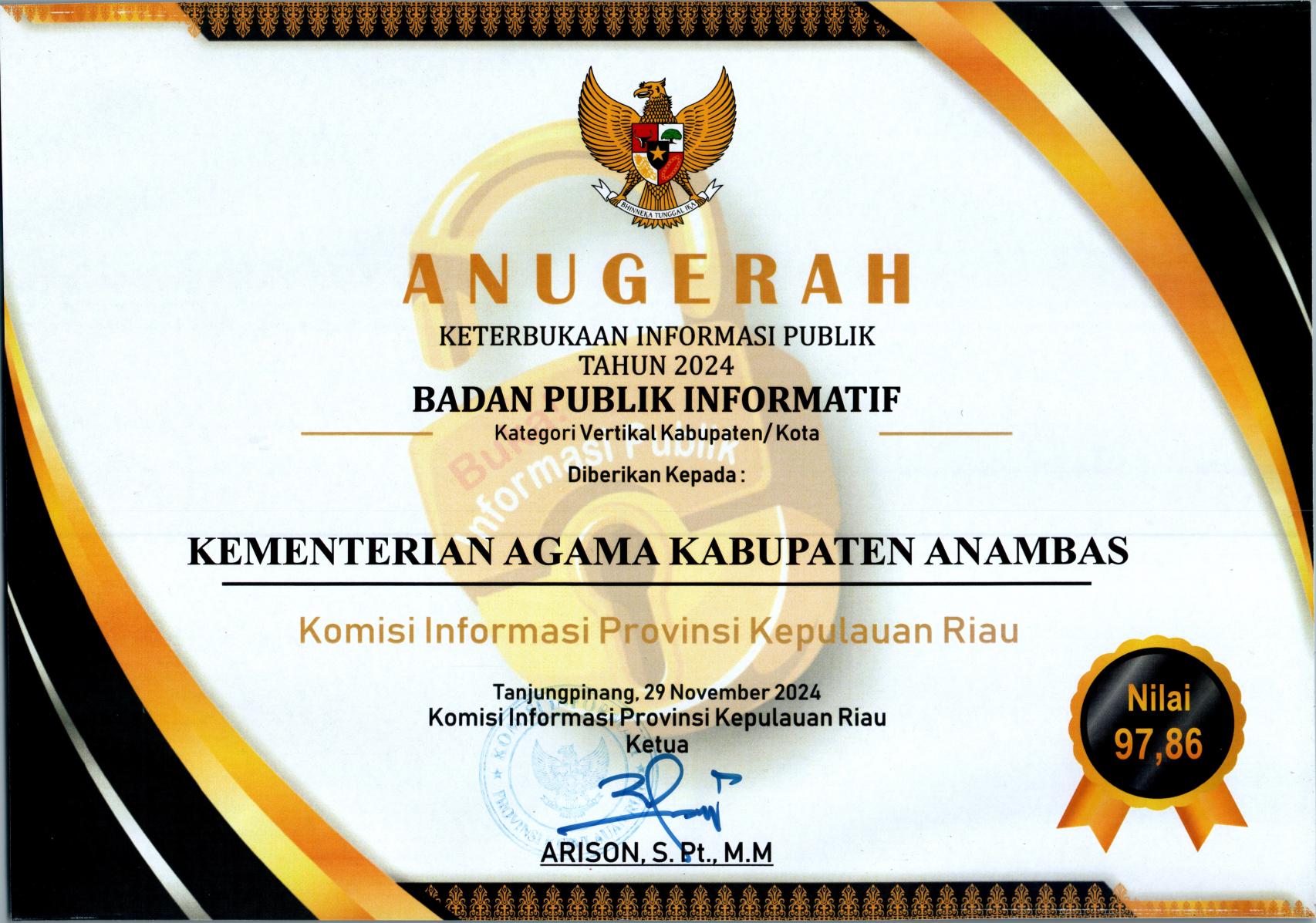 Penghargaan Badan Publik Informatif Kementerian Agama Kabupaten Kepuluan Anambas