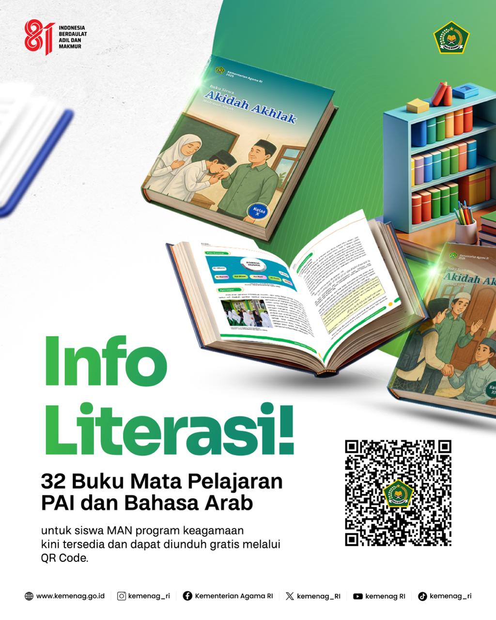 Info Literasi 32 Buku Mata Pelajaran PAI dan Bahasa Arab Untuk MAN dapat diunduh melalui QR code